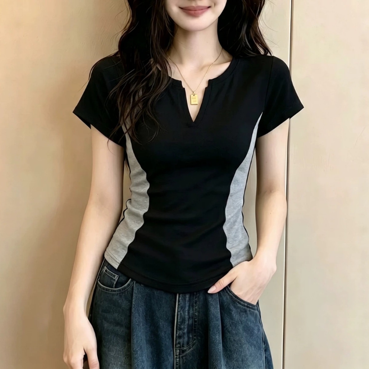 骨格ウェーブ 細見えサイドシェイプ バイカラーTシャツ